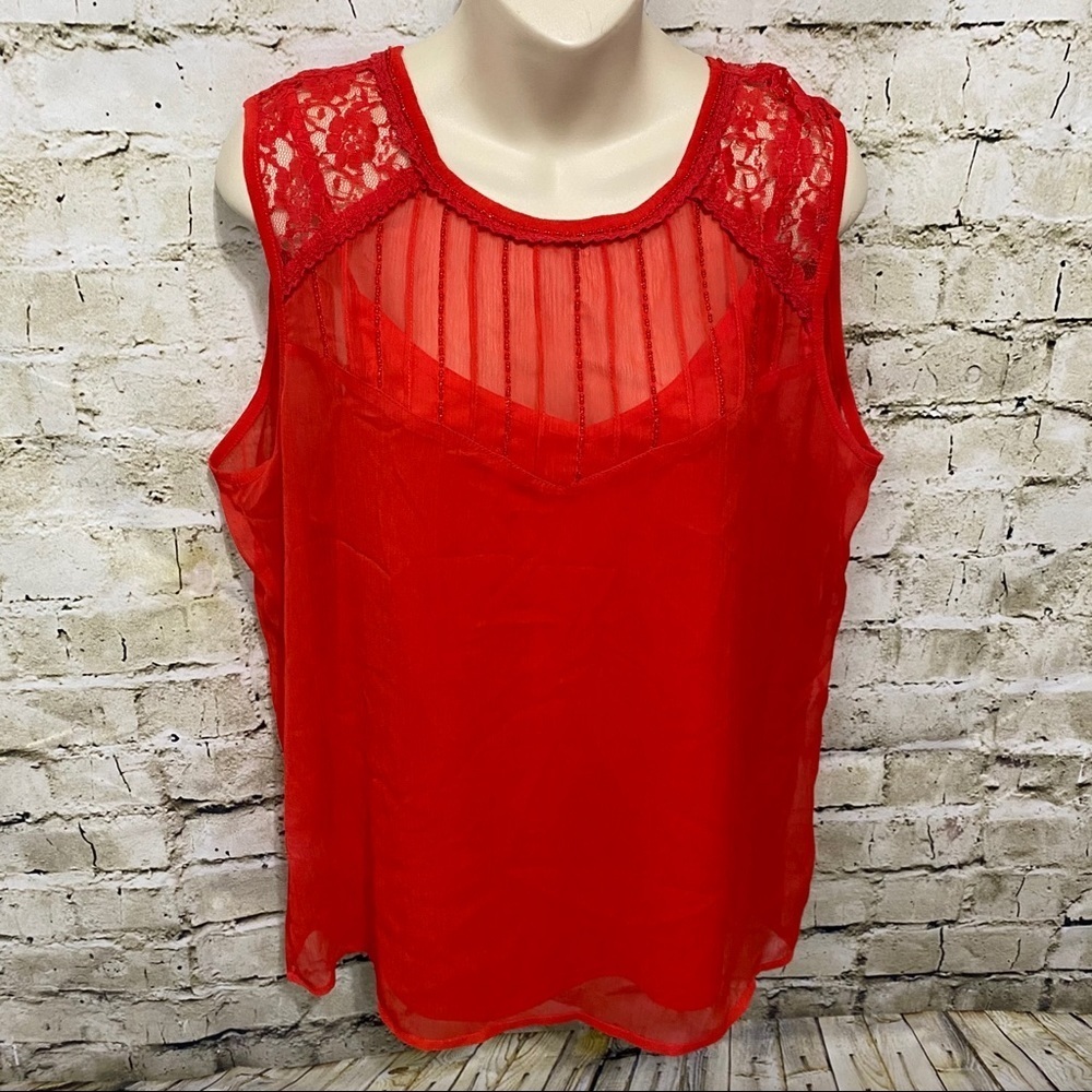 Halo Red Sheer Lace Built In Tank Sleeveless Top